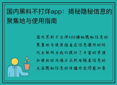 国内黑料不打烊app：揭秘隐秘信息的聚集地与使用指南